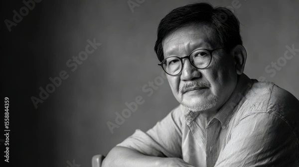Fototapeta thoughtful ethnographer portrait positioned on left side of frame with clean neutral background