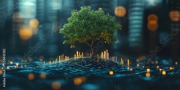 Fototapeta Tree Surrounded by Digital Landscape and Glowing Data Visualizations