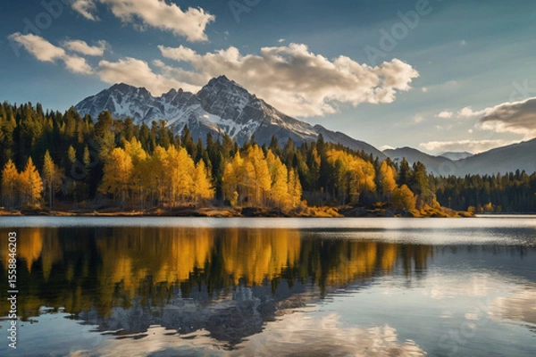 Fototapeta Golden Aspen Forest Reflecting in Calm Lake Below Snowy Mountains autumn trees