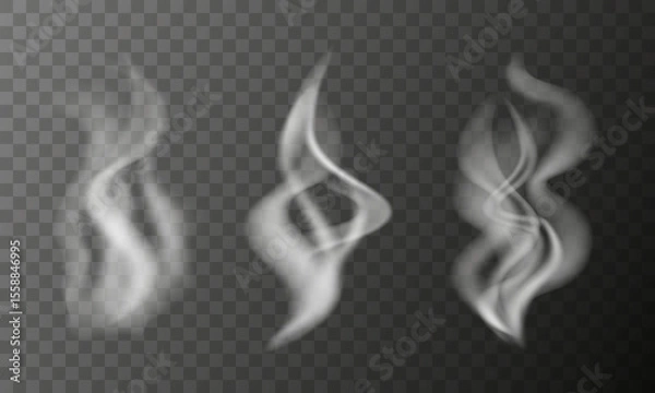Fototapeta Realistic Steam smoke effect vector set. Transparent white fog and vapor overlays design elements.