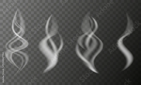 Fototapeta Realistic smoke, steam illustration set with soft flowing shapes and transparent textures. Overlays, special effects, hot drinks, cooking fume waves