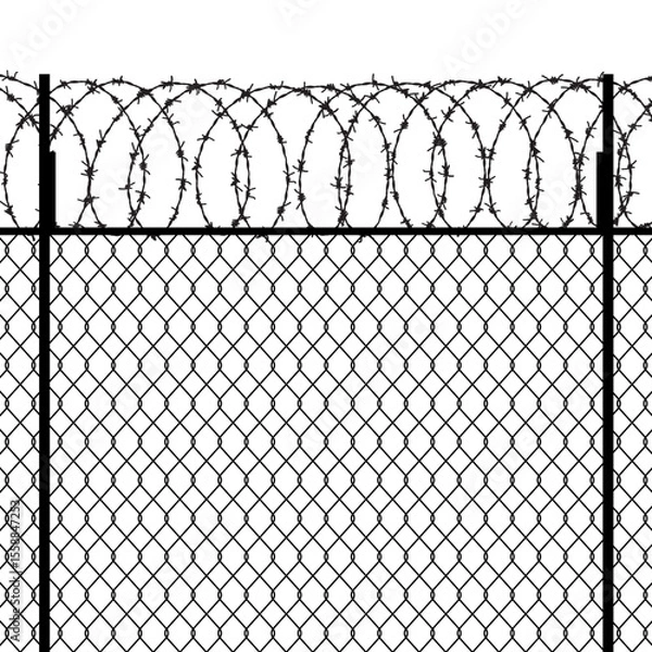 Obraz Prison wire metal chain fence security wall vector background. Steel prison wire fence razor barbwire section