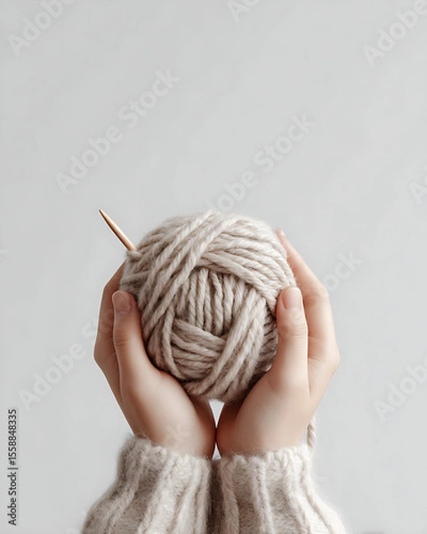 Obraz Mindful Knitting Activity with Neutral-Colored Yarn Close-Up