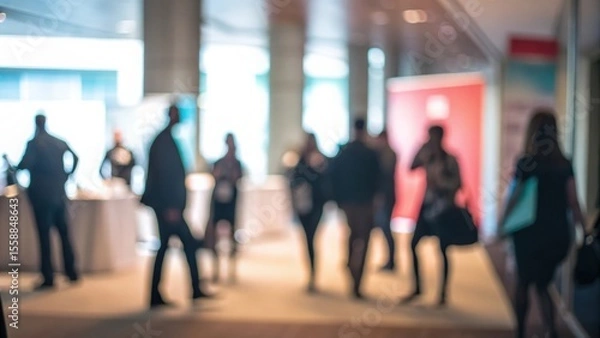 Fototapeta Abstract background with silhouettes of professionals moving through corporate event venue
