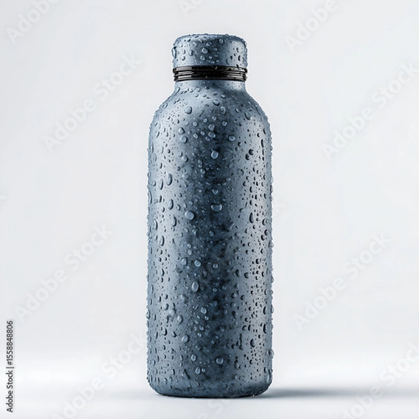 Obraz Reusable Water Bottle with Condensation on White Background