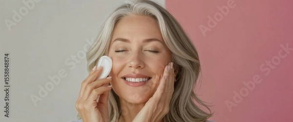 Fototapeta Smiling mature woman with closed eyes applying facial cleanser with a cotton pad against a split background, Skincare Routine.