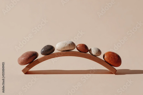 Fototapeta Smooth balance stones forming arch on wooden bridge, neutral beige background, symbolizing harmony, stability, and calmness in minimalist style