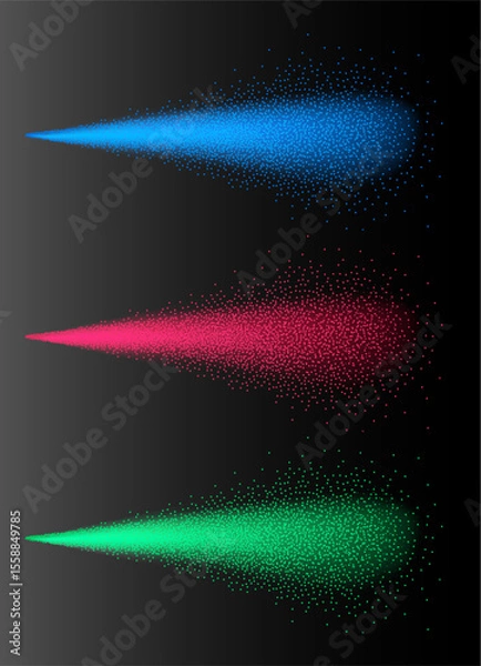 Obraz Colorful particle spray effect with blue, red, and green dots on dark gradient background, abstract dynamic motion burst with glowing light particles