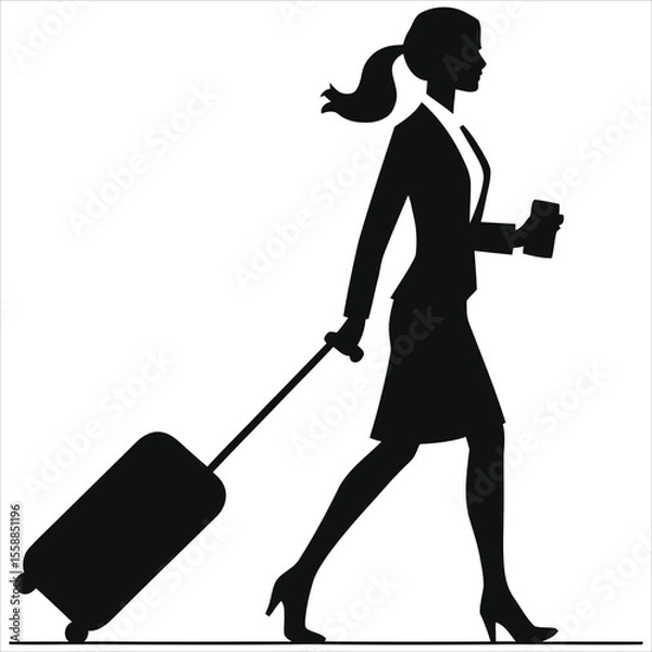 Obraz Businesswoman Traveling with Suitcase, Side View Silhouette/A simple, elegant silhouette of a businesswoman walking while pulling a suitcase.