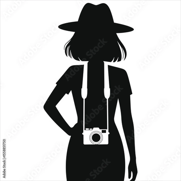 Obraz Stylish Silhouette of a Woman Traveler with Camera/A simple, elegant silhouette of a woman wearing a hat and carrying a camera, set against a plain, white background.