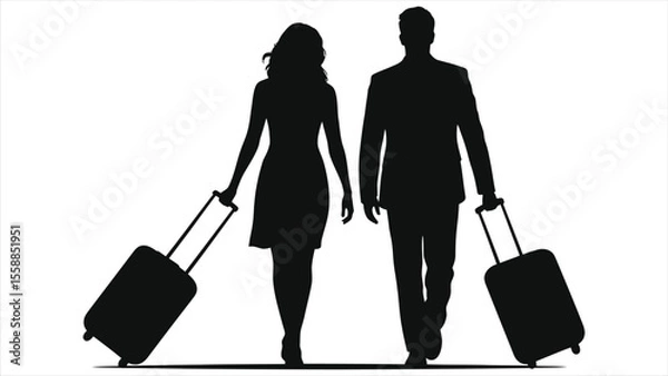 Obraz Silhouette of a couple traveling with luggage/A striking silhouette of a man and woman walking, each pulling a wheeled suitcase.