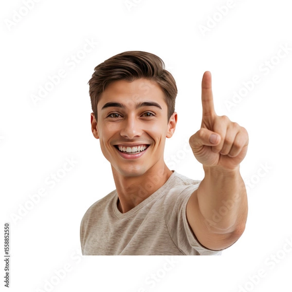 Fototapeta Smiling Young Man Pointing Up with One Finger, Number One Gesture