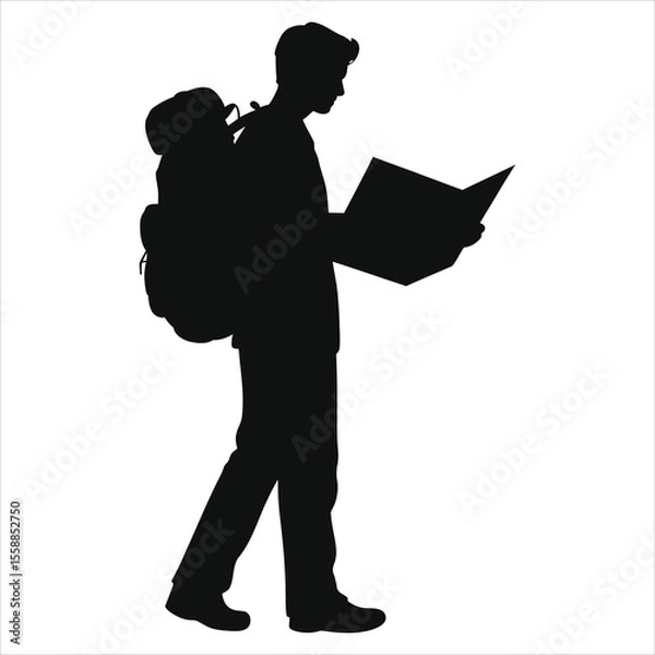 Obraz Silhouette of a Traveler Reading a Map/A stylish silhouette of a man carrying a backpack and reading a map.