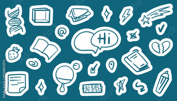 Fototapeta Cute school sticker pack featuring chalk, paper clips, glue sticks, and notebooks. Hand-drawn vector icons in vibrant colors for digital planners, stickers, or learning materials.