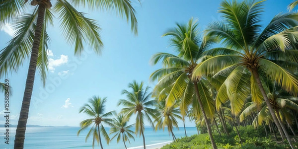 Fototapeta Lush palm trees overlooking a serene tropical beach and ocean