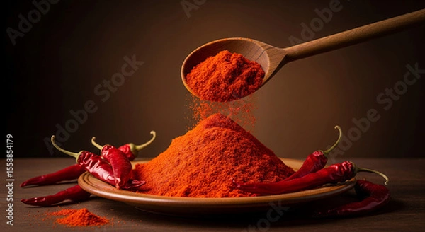 Fototapeta Red chili powder pours from wooden spoon onto plate with dried red chilies, creating a vibrant scene of spice and flavor, showcasing culinary ingredients