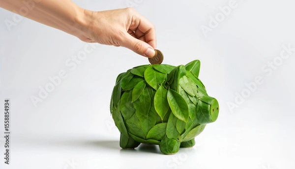 Fototapeta EcoFriendly Savings A Piggy Bank of Leaves and the Act of Saving