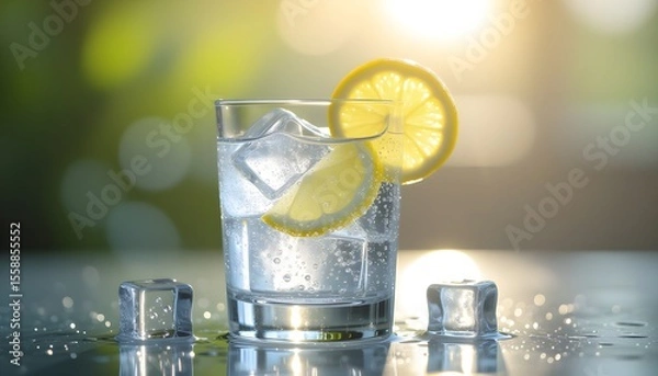Fototapeta Healthy Refreshing Sparkling Lemon Water with Ice Cubes