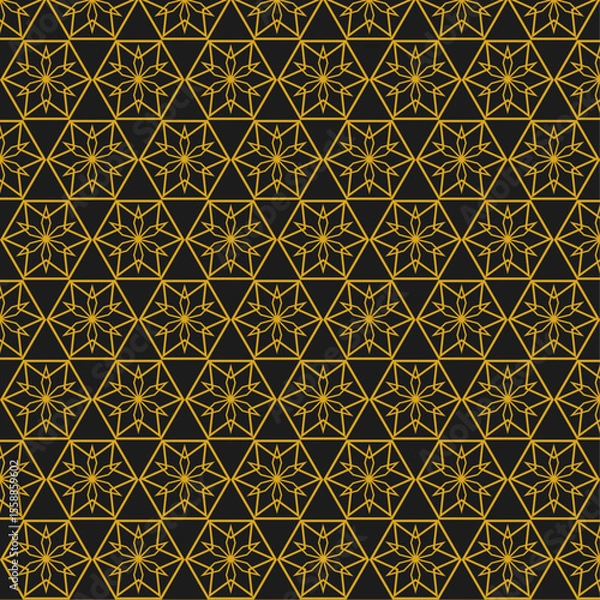 Fototapeta Seamless Golden Hexagonal Star Pattern on Black Background - Luxury Geometric Design