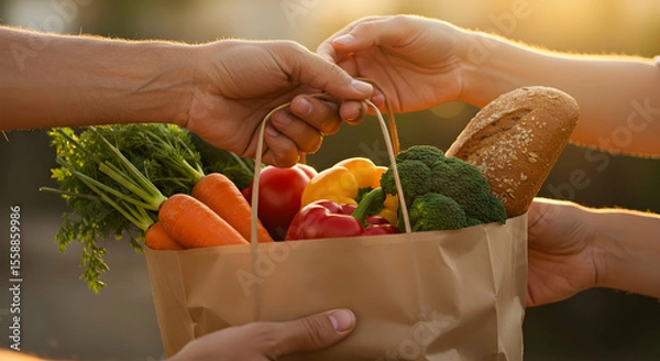 Fototapeta Hands exchanging paper bag of fresh produce
