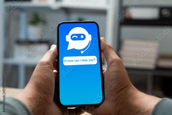 Fototapeta Businessman uses smartphone with AI interface for accessing virtual assistants,chatbot,Intelligent service.Concept integration of machine learning and artificial intelligence in digital communication.