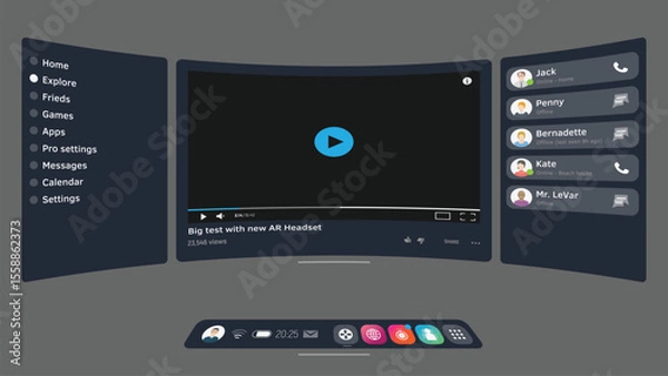 Fototapeta 3D VR UI overlay, curved panel and perspective, featuring a central video player, side menus, icons, and a friends list for calls or messages. Immersive AR VR headset interfaces.
