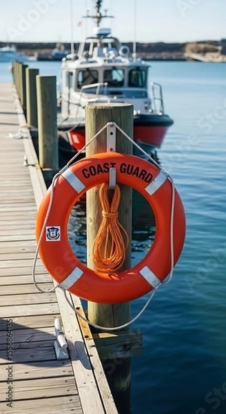 Fototapeta Life Preserver on Dock with Coast Guard Vessel in Background