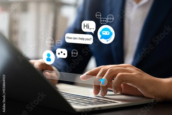 Fototapeta Businessman interacts with AI chatbot on laptop, Automated conversations in digital business. Concept includes virtual support, Customer communication, Smart service through artificial intelligence.