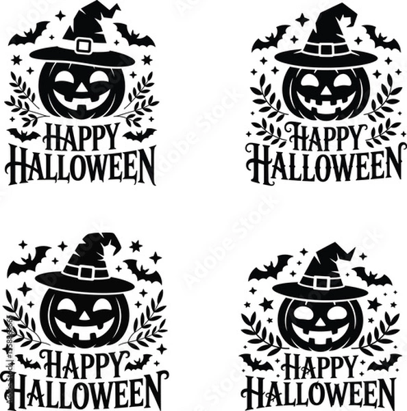 Fototapeta Four Halloween Designs Featuring Pumpkin Faces Witch Hats Bats Stars and Foliage with the Words Happy Halloween in a Decorative Font all in a Black