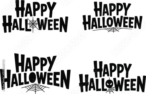 Fototapeta Four Black and White Happy Halloween Designs with Spiderwebs and a Pumpkin Perfect for Holiday Decorations Invitations or Spooky Themed Projects Isolated on a White
