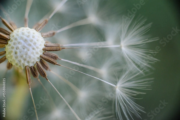 Fototapeta A delicate dandelion seed head, partially blown, with fluffy white parachutes ready to disperse, set against a soft green background.