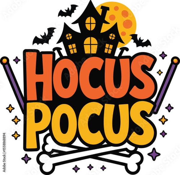 Fototapeta Colorful Hocus Pocus Halloween Design Featuring a Haunted House Bats Magic Wands and Bones Perfect for Spooky Season Decorations and Festive Celebrations on a White