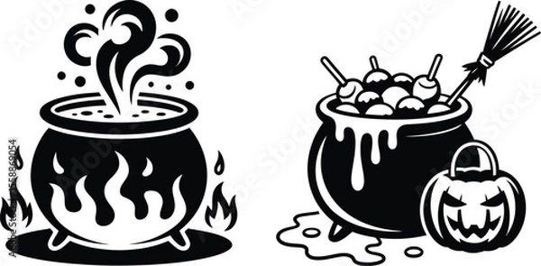Fototapeta Spooky Halloween Icons Two Witch s Cauldrons and a Pumpkin Featuring Bubbling Potions Flames Candy Apples and a Broom Presented in a Clean Black and