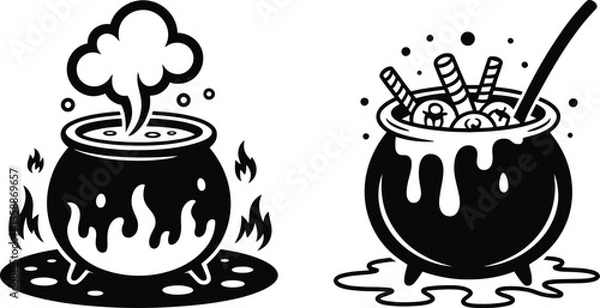 Fototapeta Two black and white vector illustrations depict Halloween cauldrons one bubbling with smoke and flames the other filled with eyeballs striped candy sticks and a