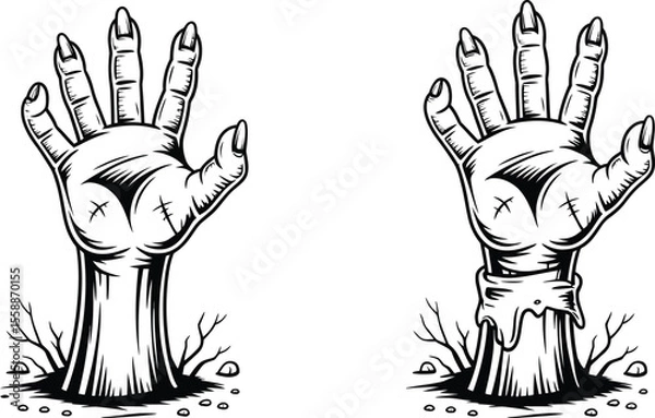 Fototapeta Monochrome Illustration Featuring Two Zombie Hands Emerging From the Ground Perfect for Halloween Designs Horror Themes or Spooky Graphic Elements with a Classic Bold and