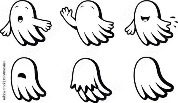 Fototapeta A collection of six cartoon ghosts in black and white each with a unique expression and pose perfect for Halloween illustrations and spooky designs Six