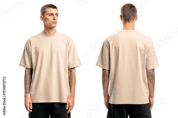 Fototapeta mockup of a beige oversized t-shirt with short sleeves, worn by a man from the back and front view isolated on a transparent background