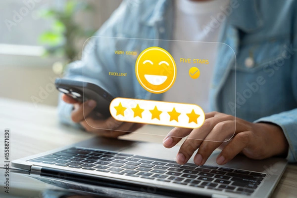 Fototapeta Experience excellent customer service, User give five star rating on online application, Positive feedback, Happy, Smiley face icon. Customer Reviews in Digital Survey, Satisfaction.