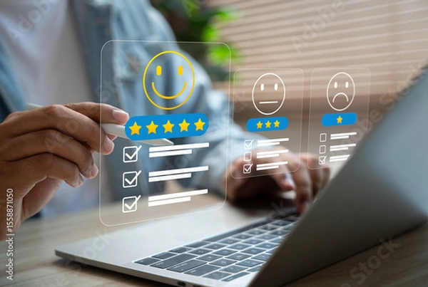 Fototapeta Customer service, Review,Man using laptop to give five-star rating,Happy smiley face,Client satisfaction, Positive feedback, Digital service evaluation.Online reputation,User experience improvement.