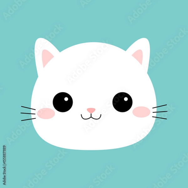 Obraz White cat face head round icon. Cute kitten, kitty. Cartoon kawaii funny baby character. Sticker print. Flat design. Blue background. Isolated. Vector illustration