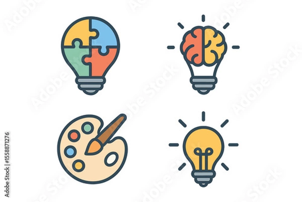 Fototapeta Creative ideas represented through light bulbs and symbols of innovation in a colorful design