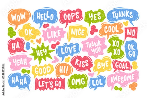 Obraz Cute colorful cartoon speech bubbles with romantic, comic text and exclamation phrases for message