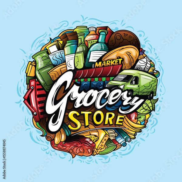 Fototapeta Grocery Store, vector doodle cartoon drawings, with all market products.