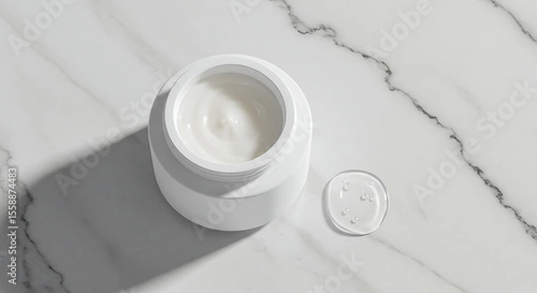 Obraz White Cream Jar with Serum Drop on Marble Surface.