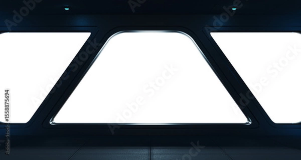 Obraz Black spaceship interior with isolated cut out transparent window. Futuristic dark starship with glowing lights