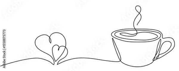 Obraz One continuous line drawing of coffee or tea cup and two heart on transparent background. Minimalist line art design for cafe or restaurant menu, web banner. Editable stroke. Vector Illustration
