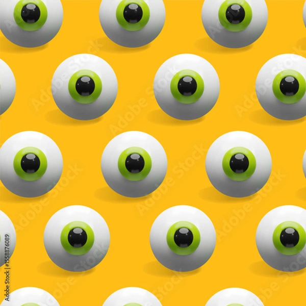 Fototapeta Seamless 3D pattern of cartoon eyeballs on a bright orange background. Playful and bold style, great for Halloween designs, eye health campaigns, wrapping paper, and textile prints.