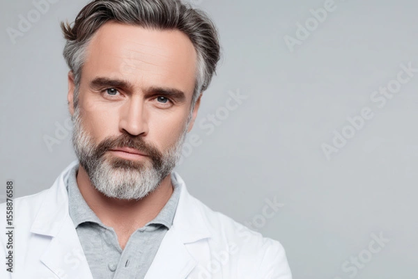 Obraz portrait of proctologist in white coat focused expression positioned to right on neutral gray background