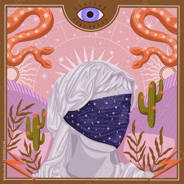 Obraz modern illustration in boho country style with elements of astrology and tarot. female character and constellations	