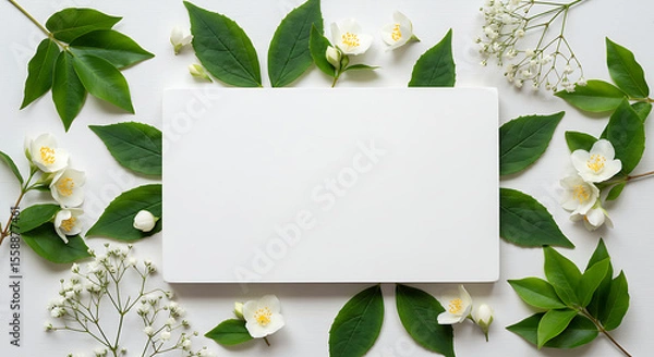 Obraz White Rectangular Card Surrounded by Flowers and Leaves.